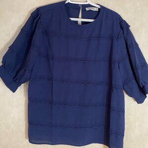 2- Womens 2X Navy Blue Layered Ruffle Chiffon Overlay Top & Lace Stripe Blouse